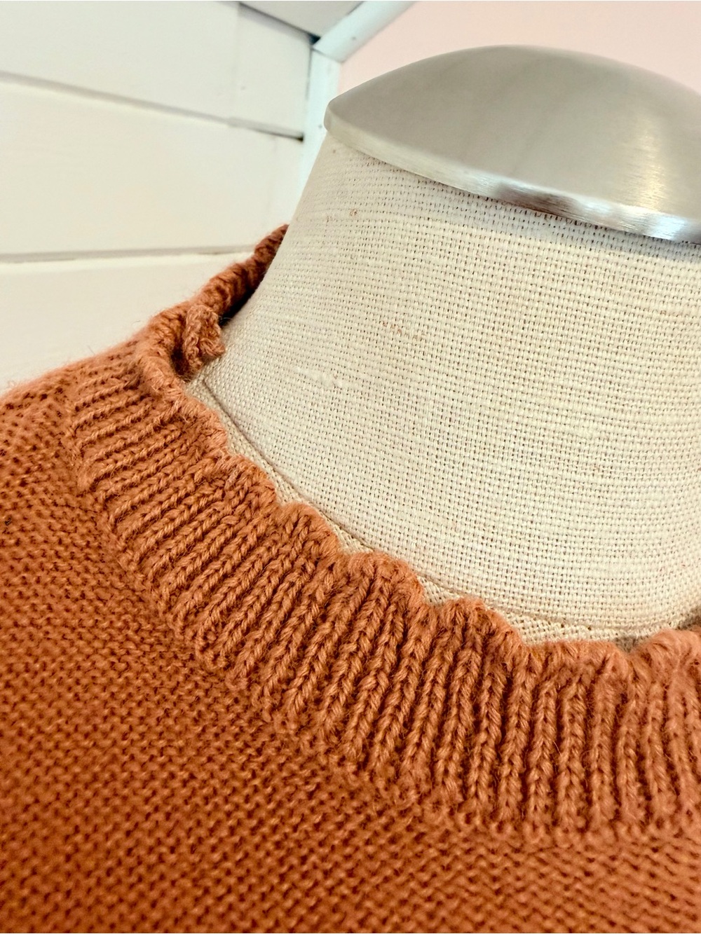 Vintage Rose Crewneck Sweater with Cream Floral Yoke, Size Small - Picture 7 of 7